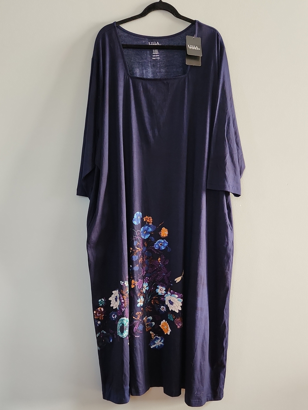Ulla Popken Plus Size  Navy Purple Floral Maxi Dress with Square Neck